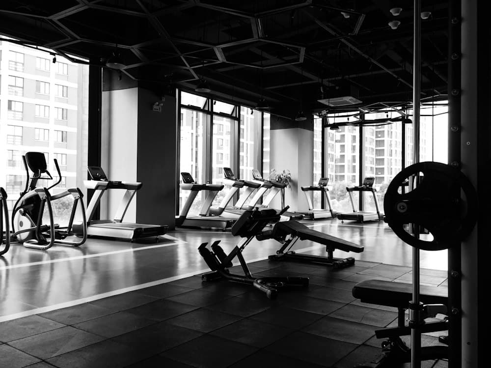 Open gym floor with benches and treadmills by large windows